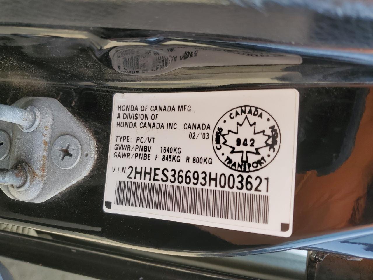 2003 Acura 1.7El Touring VIN: 2HHES36693H003621 Lot: 80068265