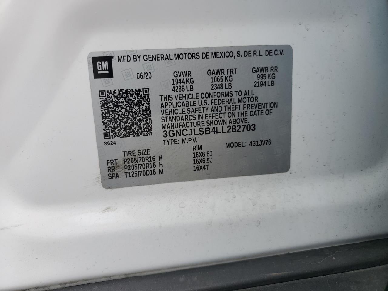 2020 Chevrolet Trax 1Lt VIN: 3GNCJLSB4LL282703 Lot: 81201715