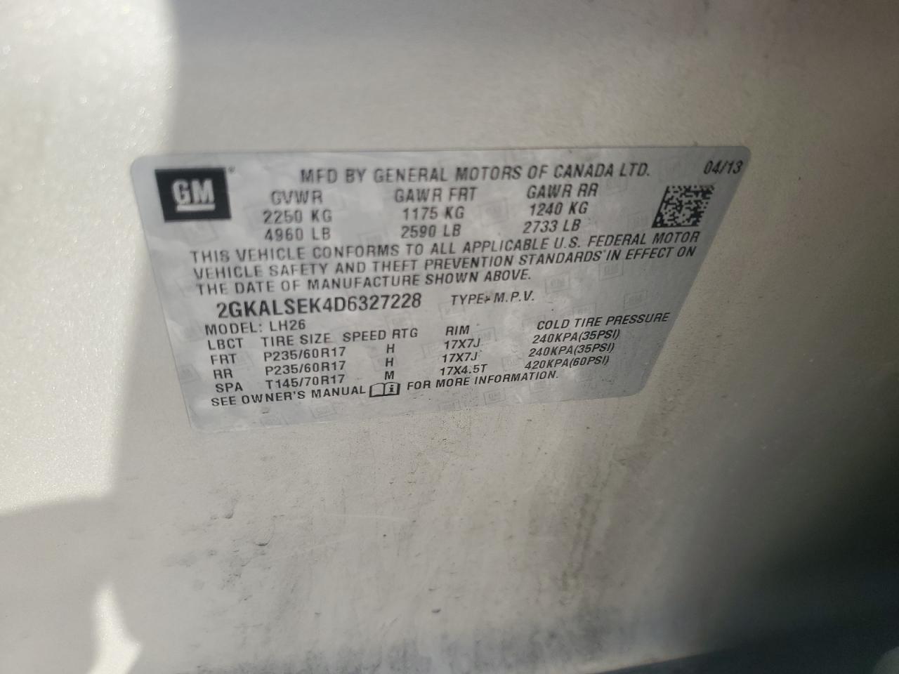 2013 GMC Terrain Sle VIN: 2GKALSEK4D6327228 Lot: 84769695