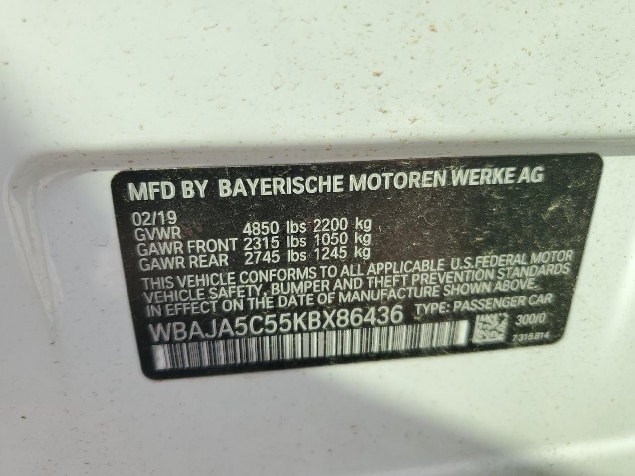 2019 BMW 530 I VIN: WBAJA5C55KBX86436 Lot: 81017845