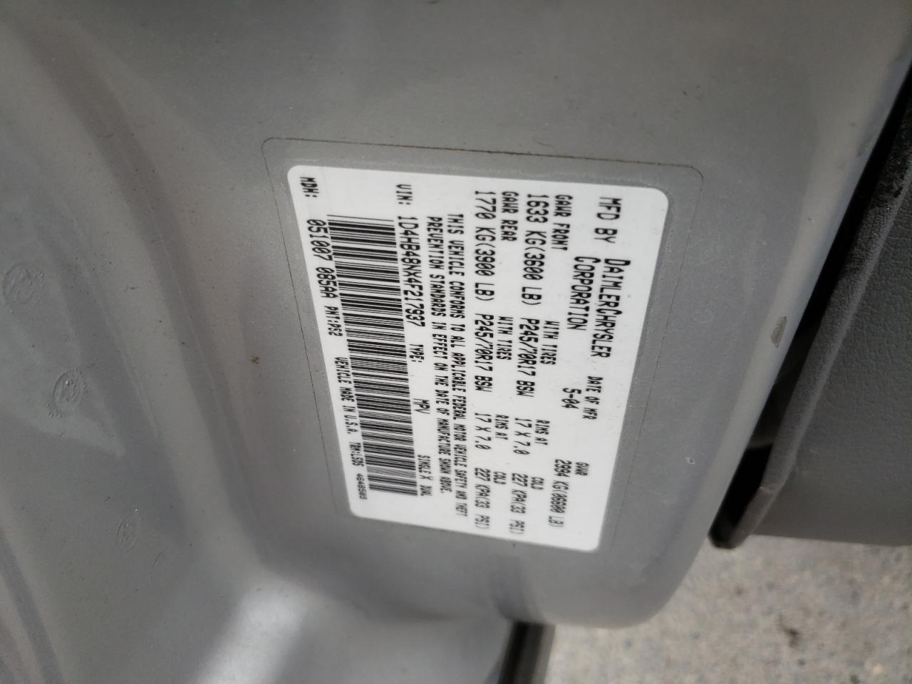 2004 Dodge Durango Slt VIN: 1D4HB48NX4F217937 Lot: 82135575