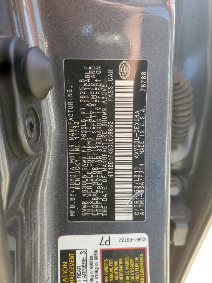 2012 Toyota Camry Hybrid VIN: 4T1BD1FK6CU058862 Lot: 84031235