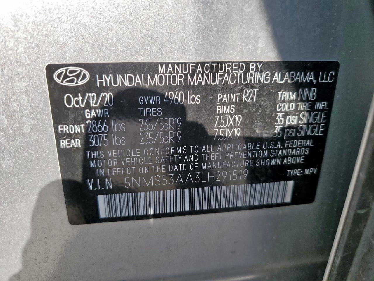2020 Hyundai Santa Fe Limited VIN: 5NMS53AA3LH291519 Lot: 80663445