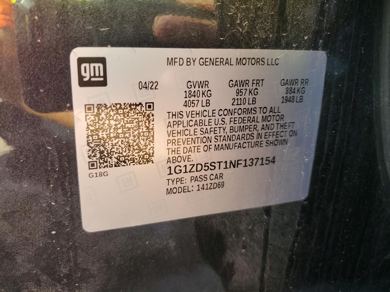 2022 Chevrolet Malibu Lt VIN: 1G1ZD5ST1NF137154 Lot: 81753215