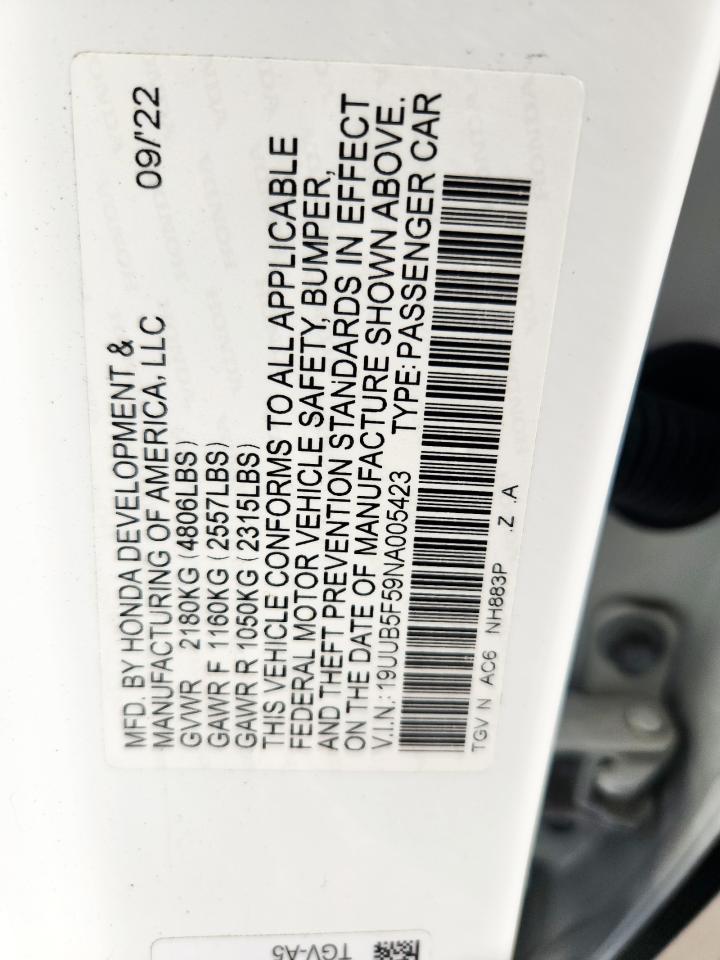 2022 Acura Tlx Tech A VIN: 19UUB5F59NA005423 Lot: 80282635