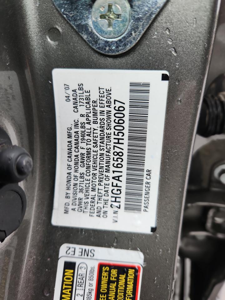 2007 Honda Civic Lx VIN: 2HGFA16587H506067 Lot: 81684085