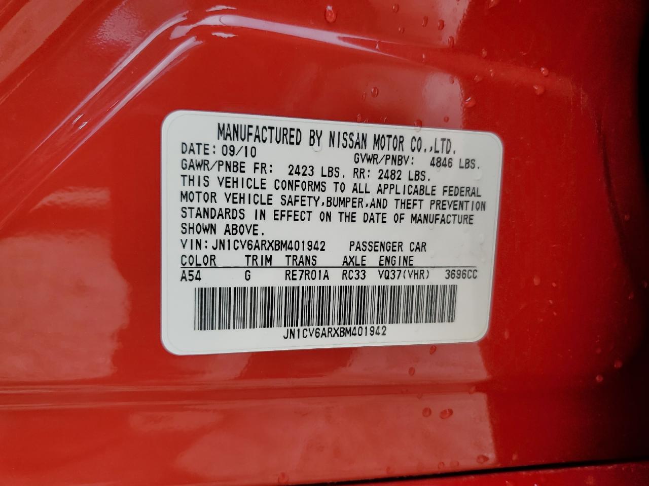 2011 Infiniti G37 VIN: JN1CV6ARXBM401942 Lot: 71242465