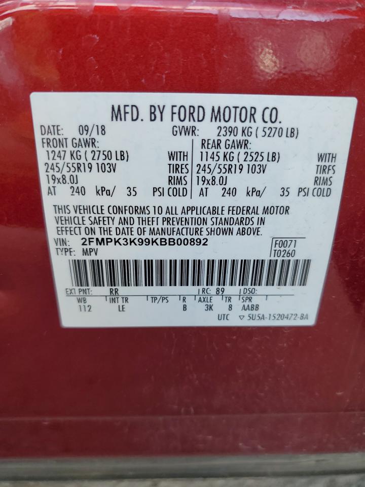 2019 Ford Edge Titanium VIN: 2FMPK3K99KBB00892 Lot: 84353335