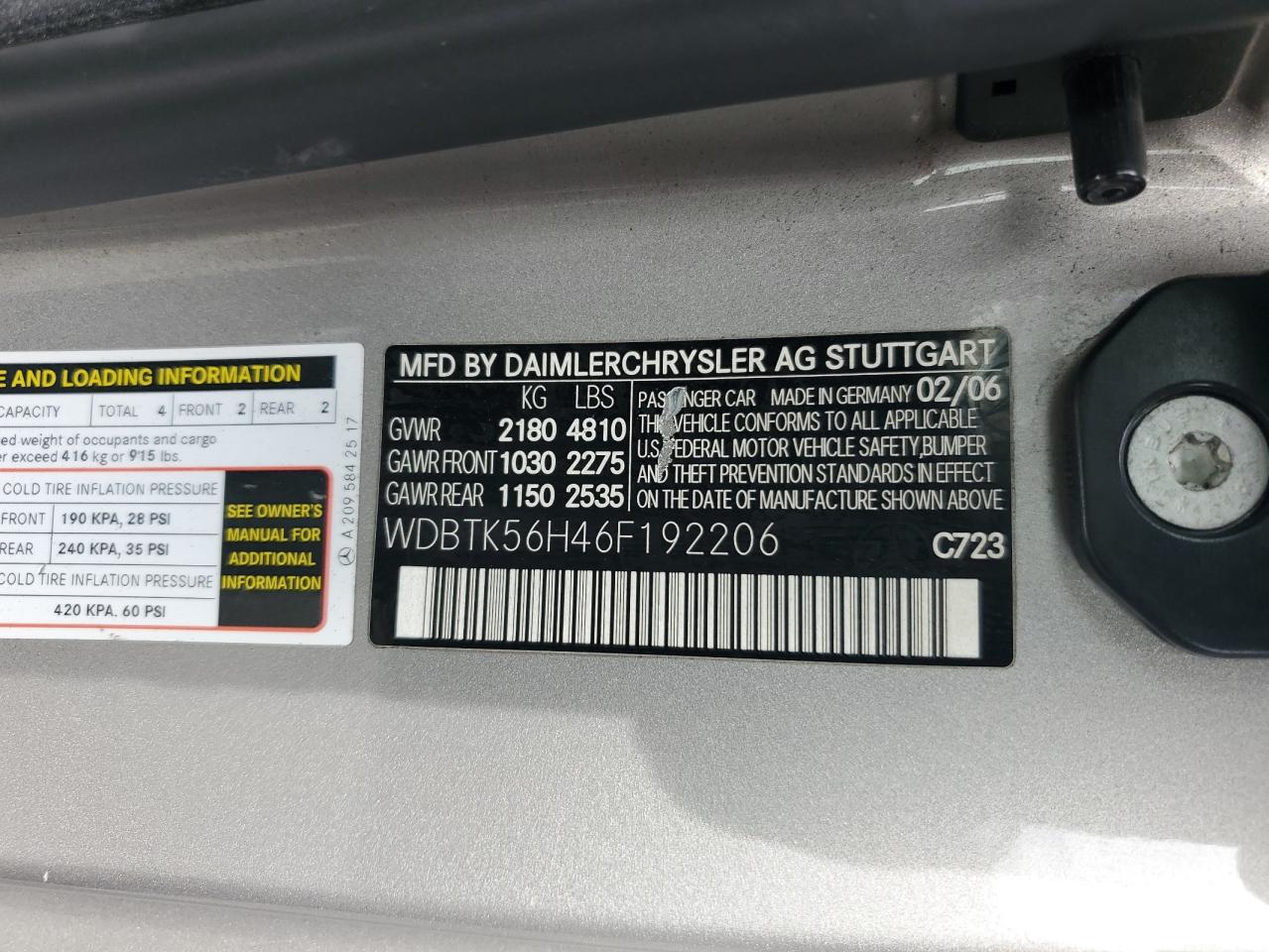 2006 Mercedes-Benz Clk 350 VIN: WDBTK56H46F192206 Lot: 81336035