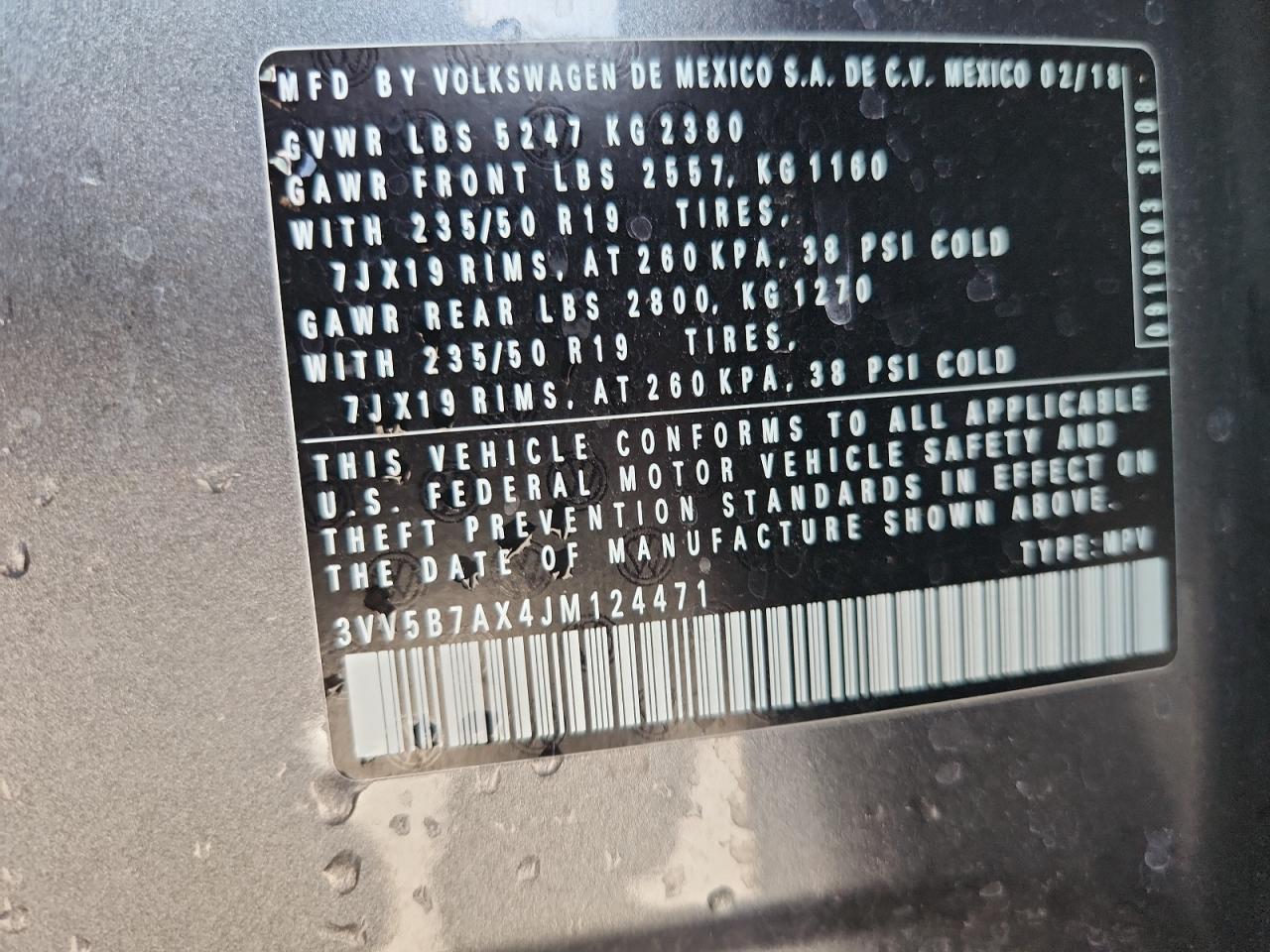 2018 Volkswagen Tiguan Sel Premium VIN: 3VV5B7AX4JM124471 Lot: 81095975