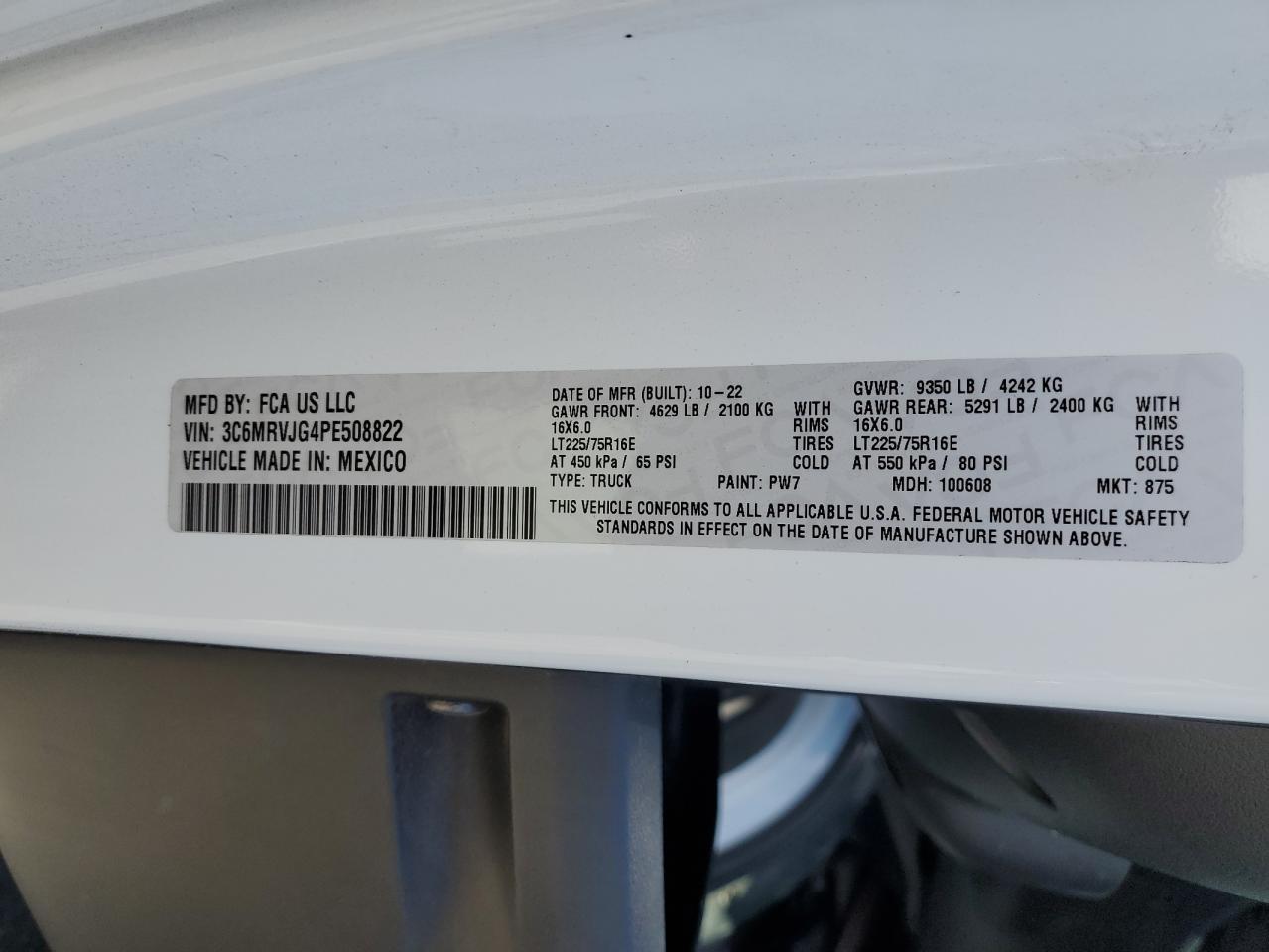 2023 Ram Promaster 3500 3500 High VIN: 3C6MRVJG4PE508822 Lot: 80921625