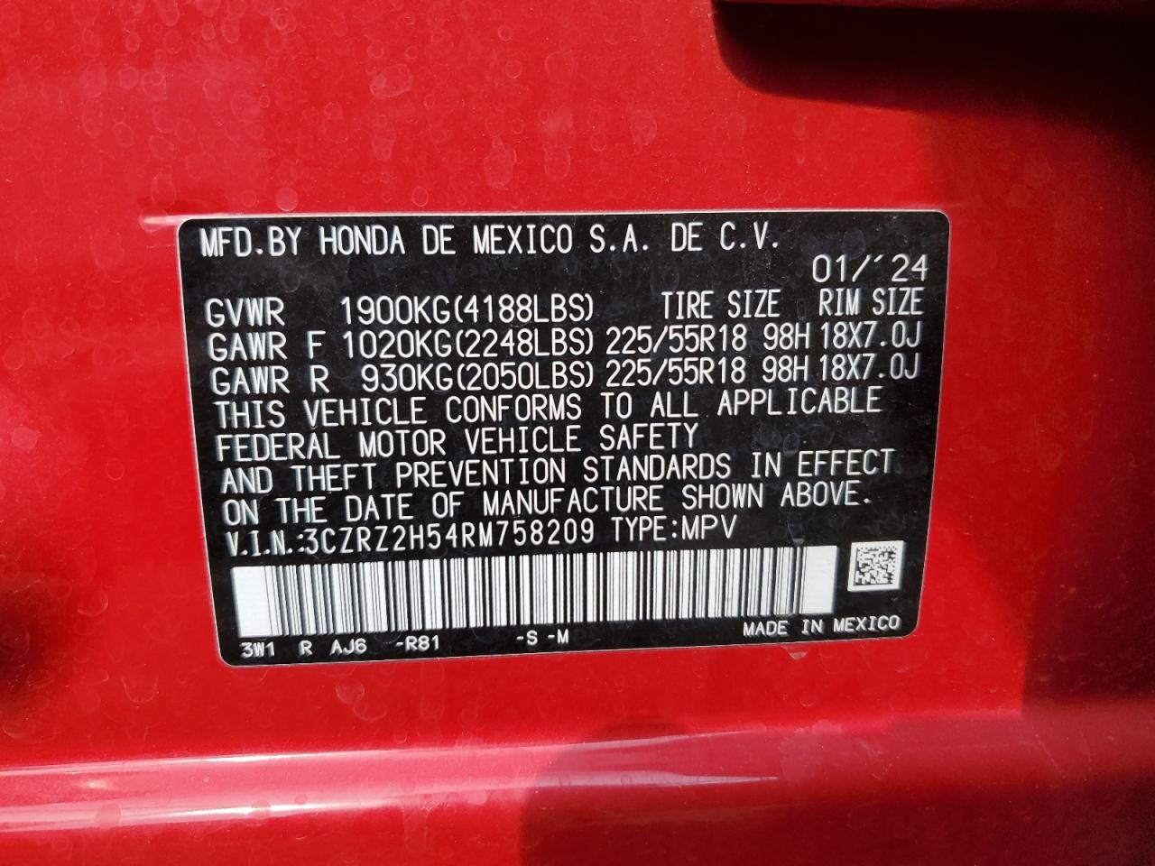 2024 Honda Hr-V Sport VIN: 3CZRZ2H54RM758209 Lot: 69995855