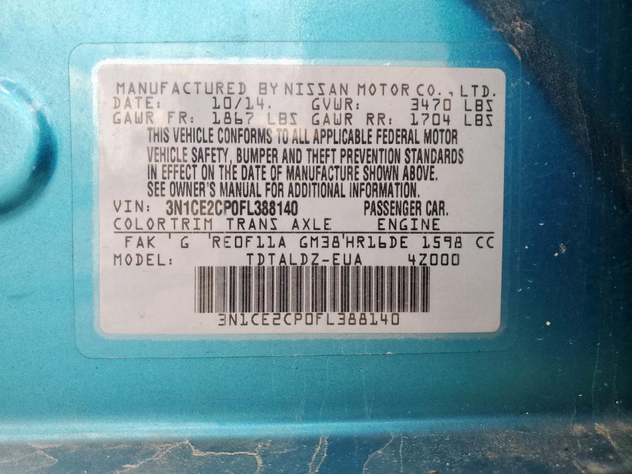 2015 Nissan Versa Note S VIN: 3N1CE2CP0FL388140 Lot: 81591125