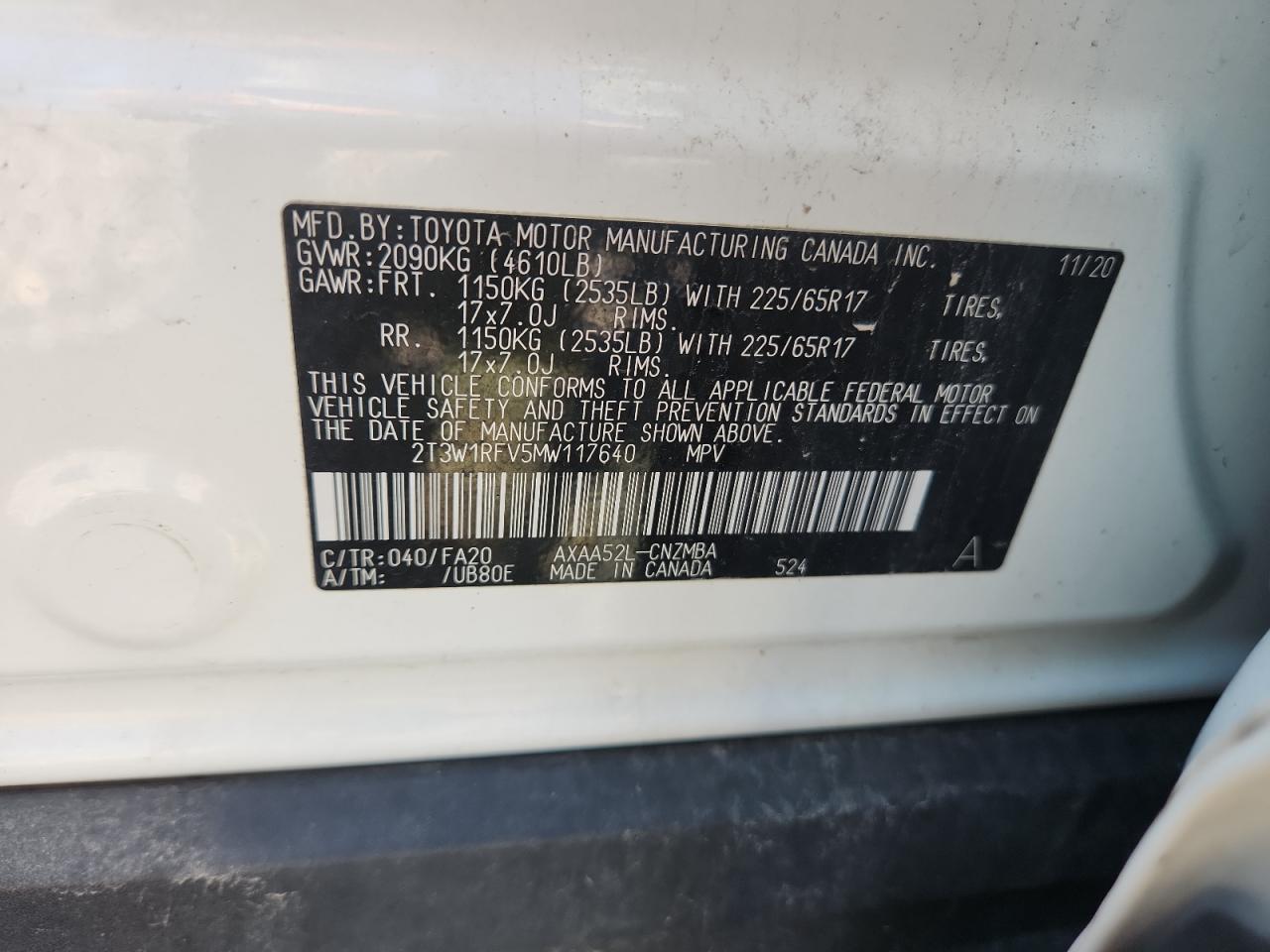 2021 Toyota Rav4 Xle VIN: 2T3W1RFV5MW117640 Lot: 80401145