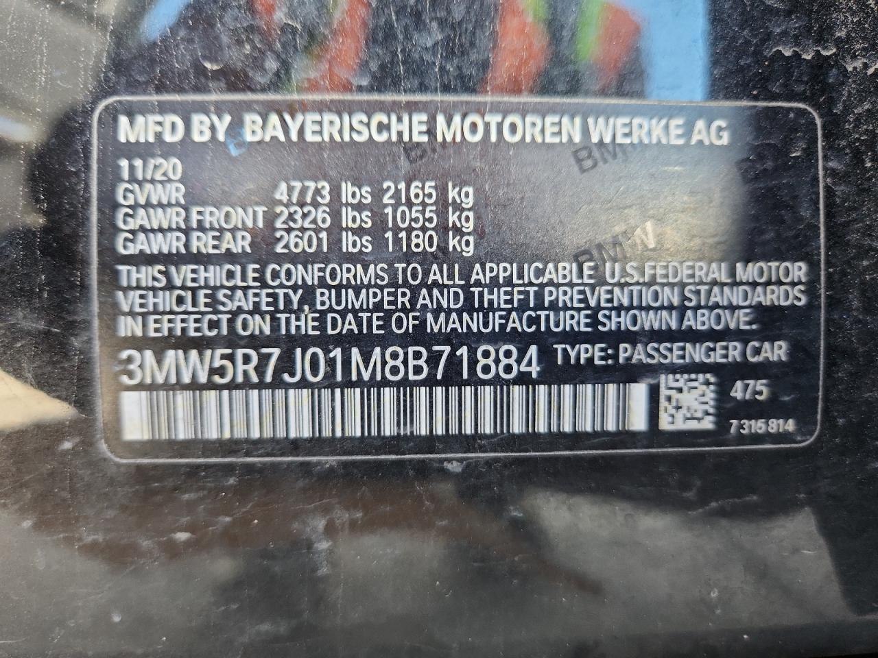 2021 BMW 330Xi VIN: 3MW5R7J01M8B71884 Lot: 80314805