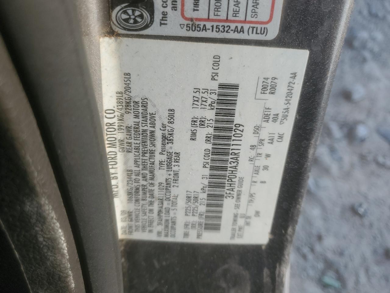 2010 Ford Fusion Se VIN: 3FAHP0HA3AR111029 Lot: 80866735