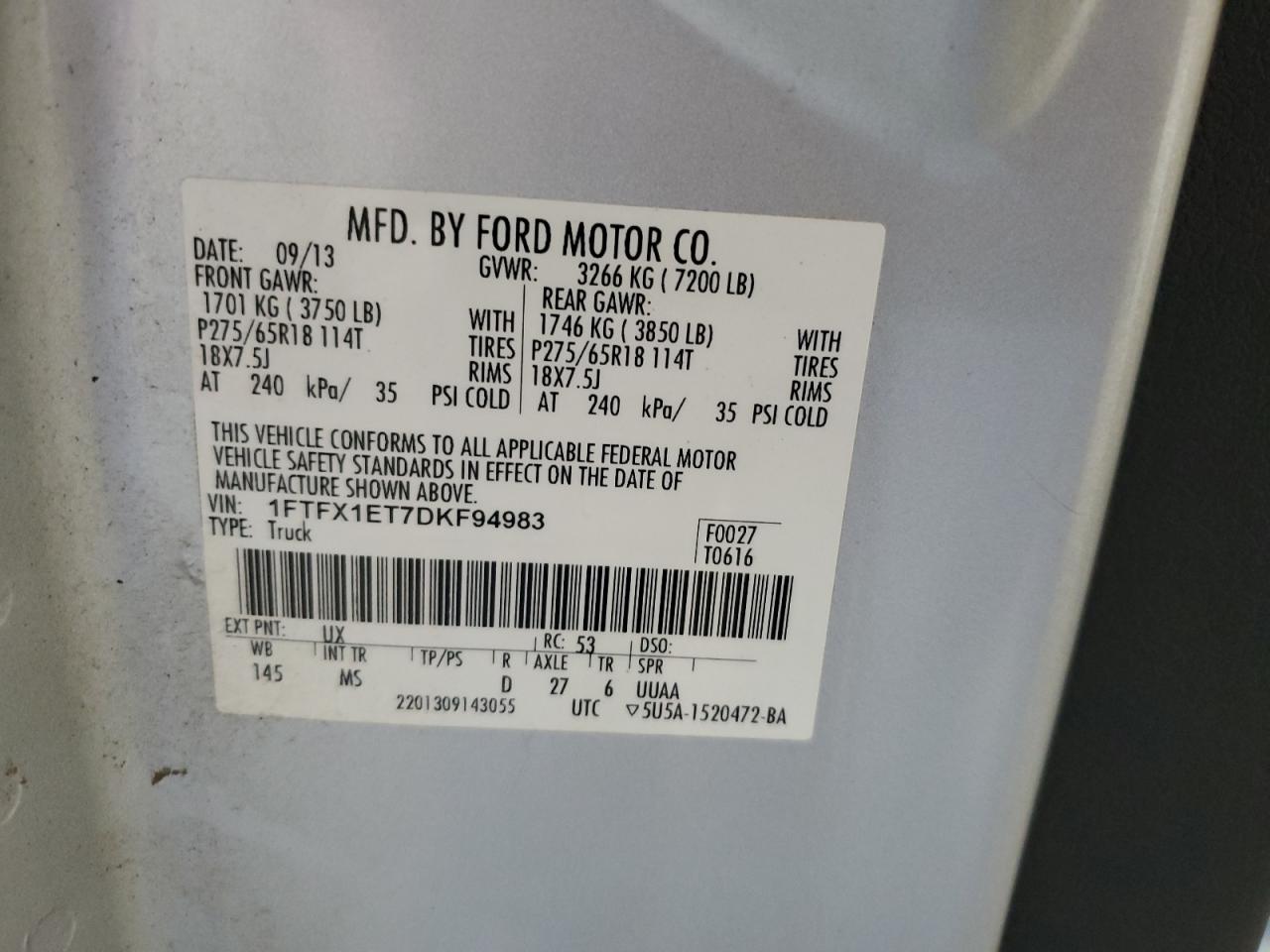 2013 Ford F150 Super Cab VIN: 1FTFX1ET7DKF94983 Lot: 81026855