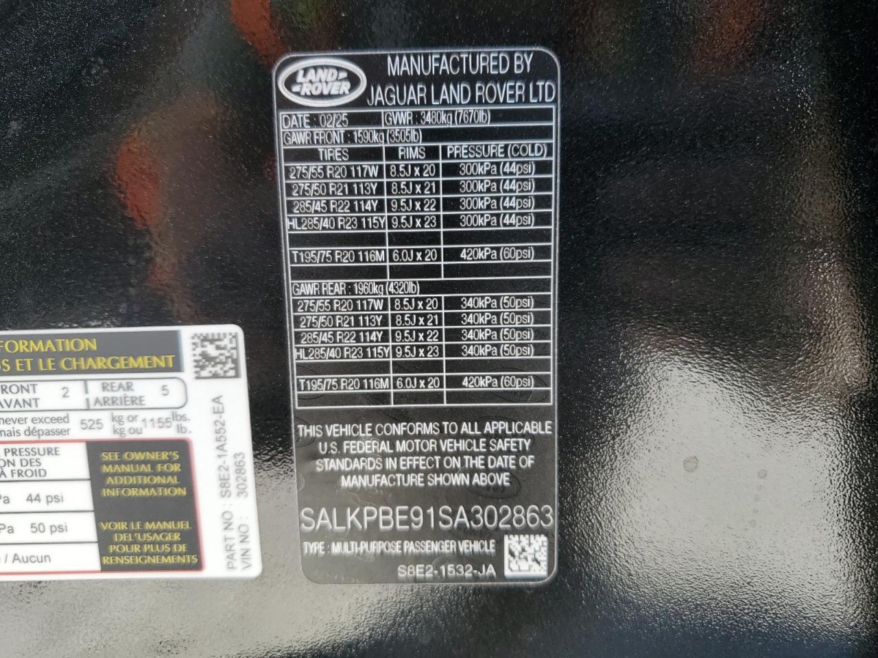 2025 Land Rover Range Rover Se VIN: SALKPBE91SA302863 Lot: 81442055