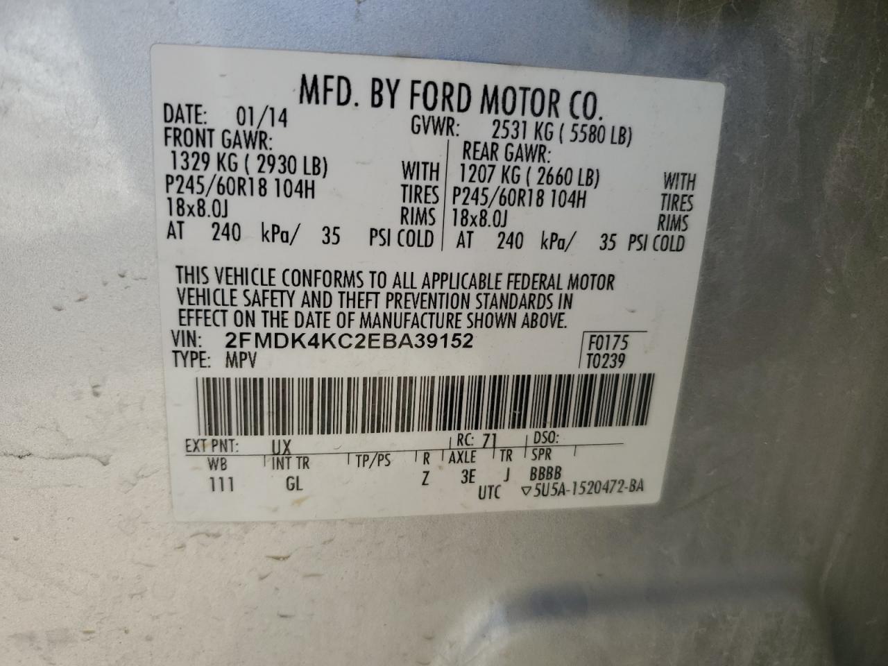 2014 Ford Edge Limited VIN: 2FMDK4KC2EBA39152 Lot: 84275495