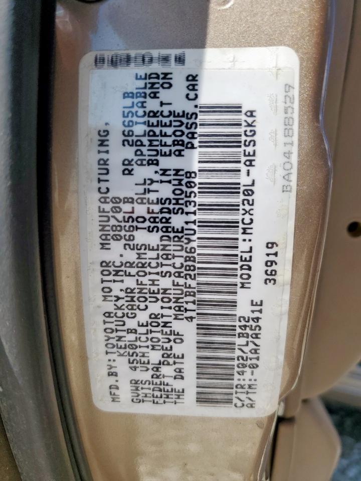 2000 Toyota Avalon Xl VIN: 4T1BF28B6YU113508 Lot: 83828555