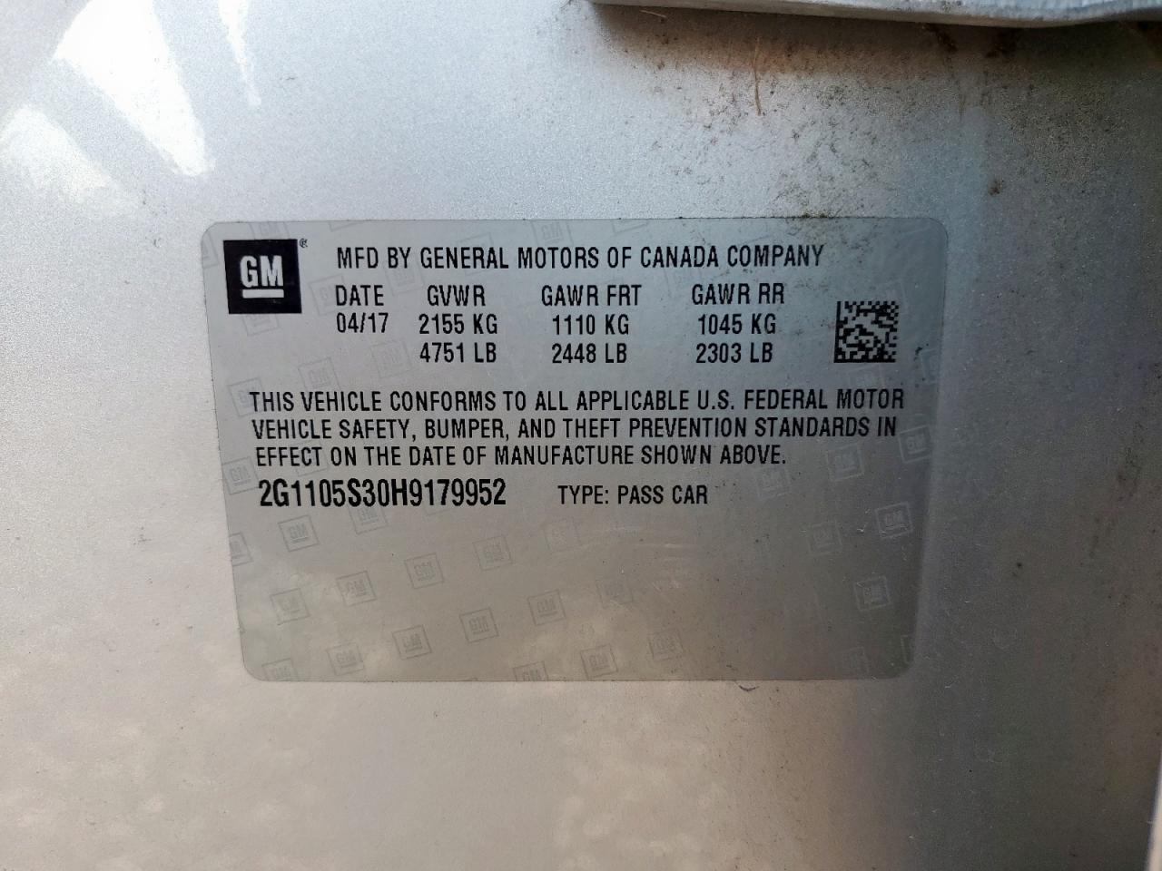 2017 Chevrolet Impala Lt VIN: 2G1105S30H9179952 Lot: 80813085