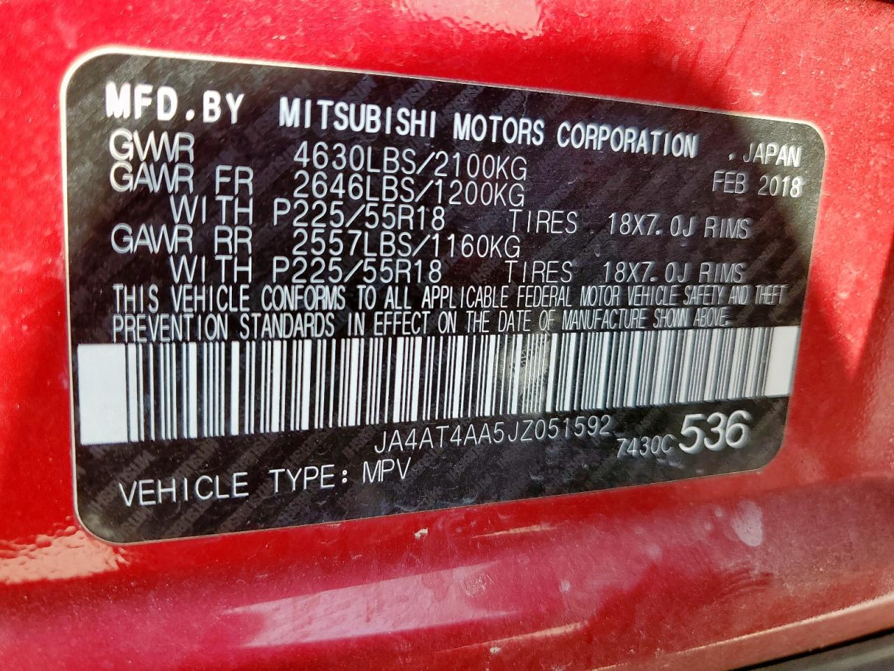 2018 Mitsubishi Eclipse Cross Le VIN: JA4AT4AA5JZ051592 Lot: 80495975