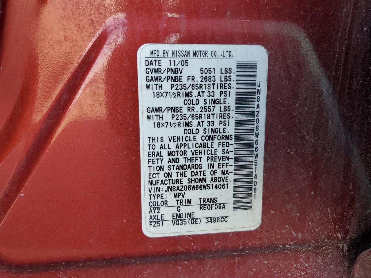 2006 Nissan Murano Sl VIN: JN8AZ08W66W514061 Lot: 83855375