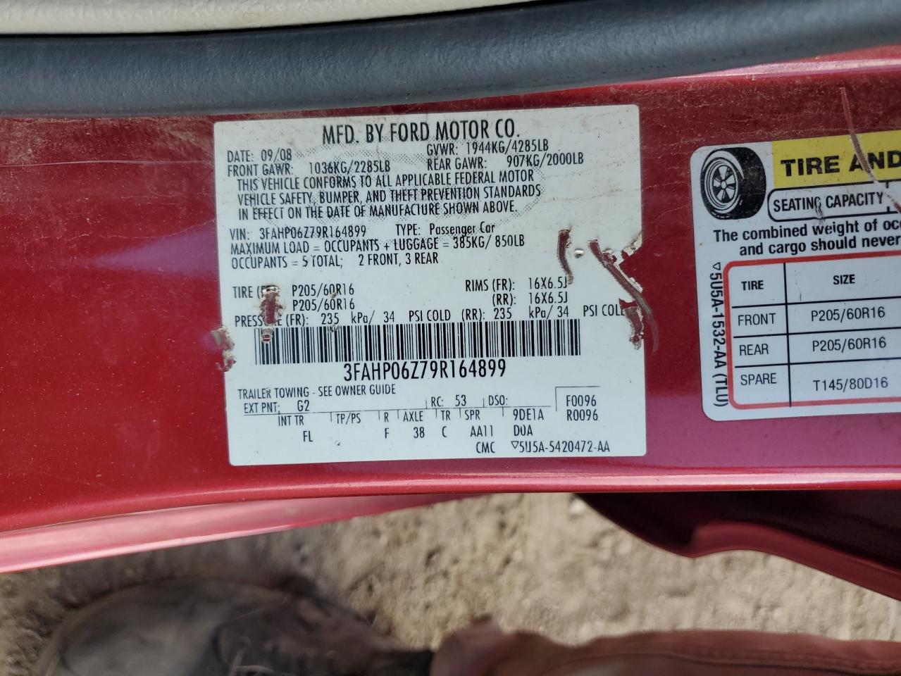 2009 Ford Fusion S VIN: 3FAHP06Z79R164899 Lot: 80699745