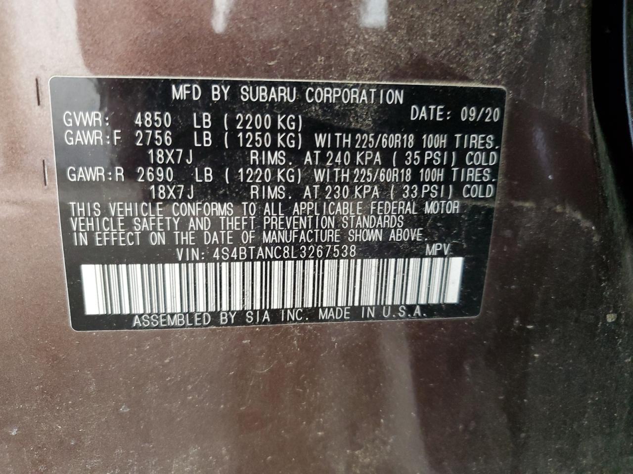 2020 Subaru Outback Limited VIN: 4S4BTANC8L3267538 Lot: 70661075