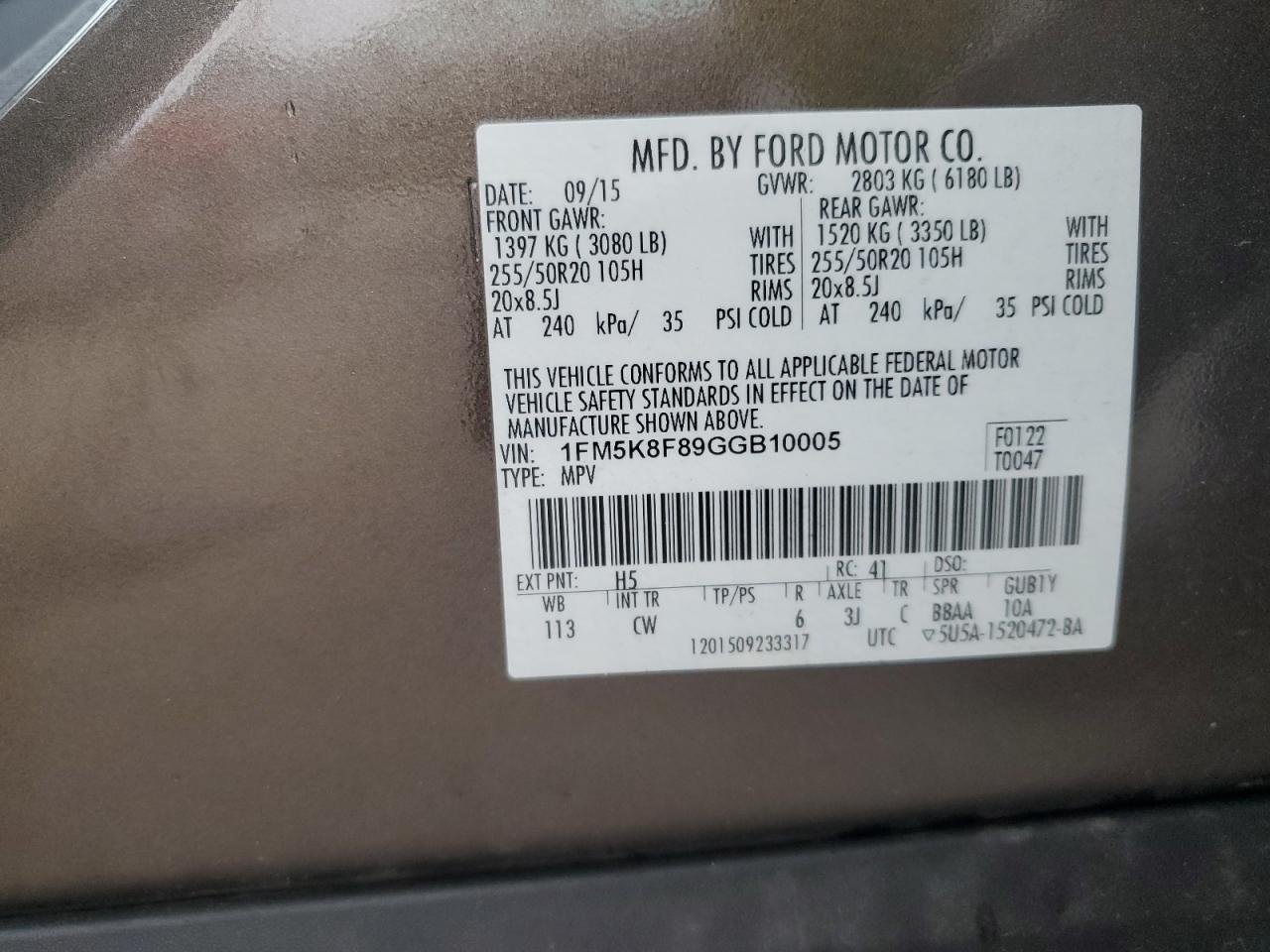 2016 Ford Explorer Limited VIN: 1FM5K8F89GGB10005 Lot: 82160205