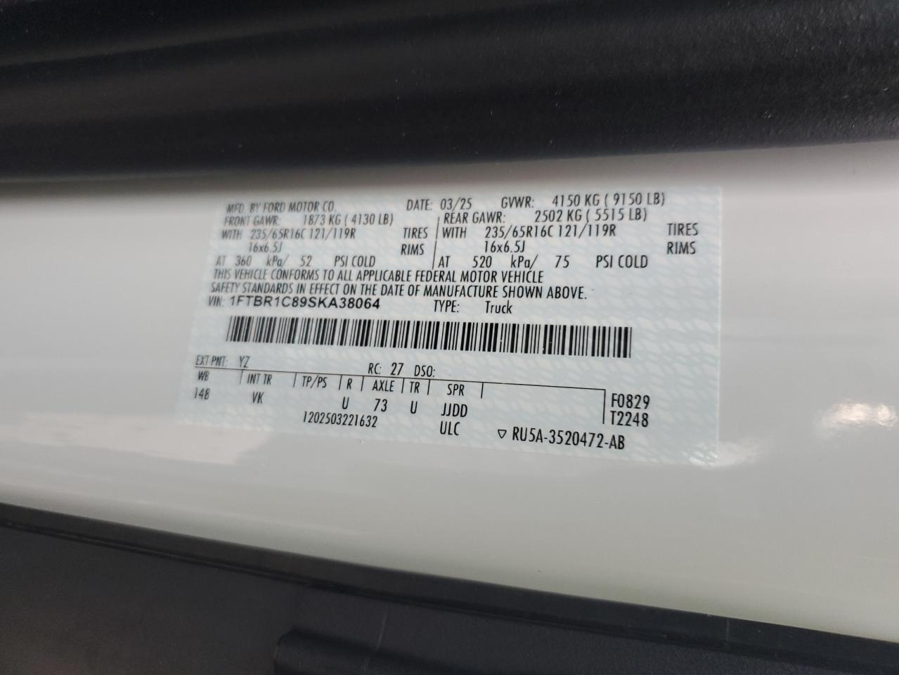 2025 Ford Transit T-250 VIN: 1FTBR1C89SKA38064 Lot: 71248285