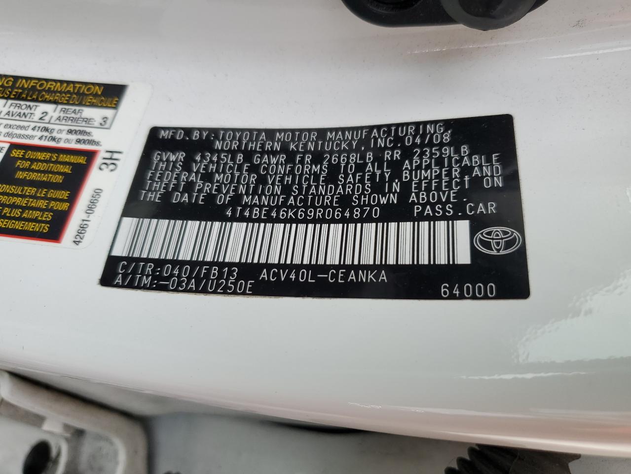 2009 Toyota Camry Base VIN: 4T4BE46K69R064870 Lot: 81104515