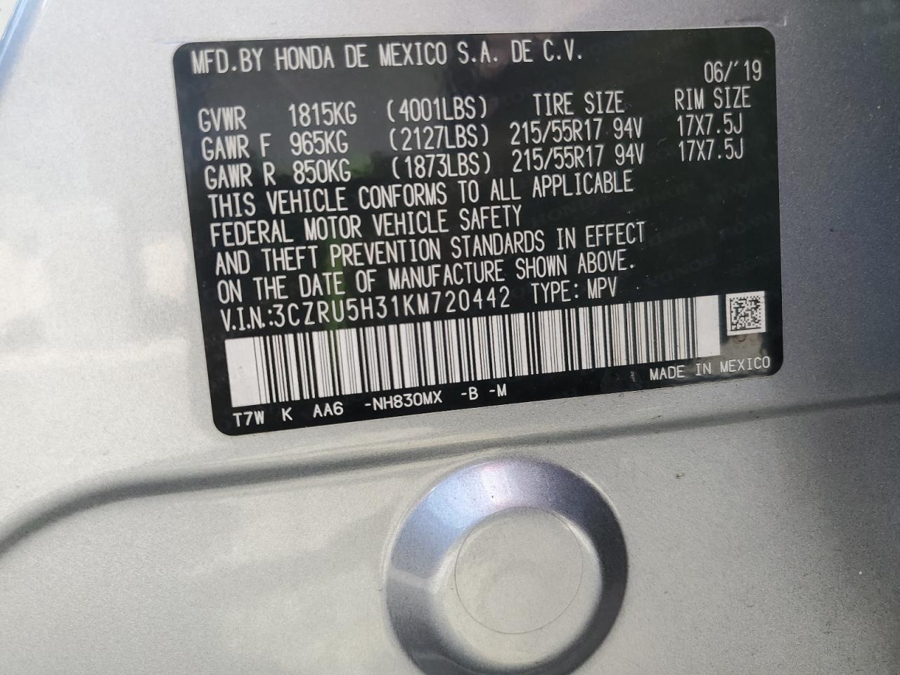 2019 Honda Hr-V Lx VIN: 3CZRU5H31KM720442 Lot: 80612405