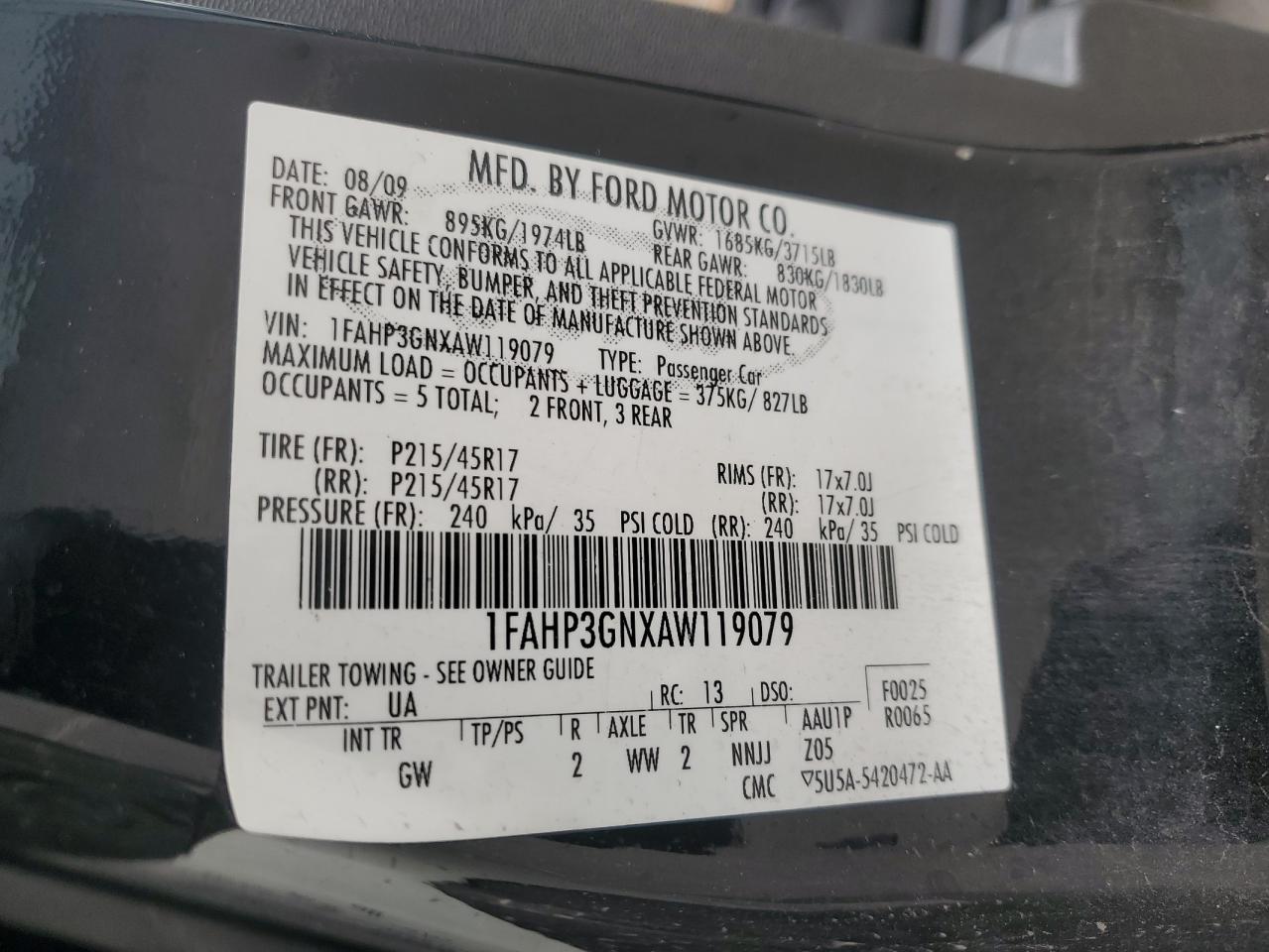 2010 Ford Focus Ses VIN: 1FAHP3GNXAW119079 Lot: 83965215