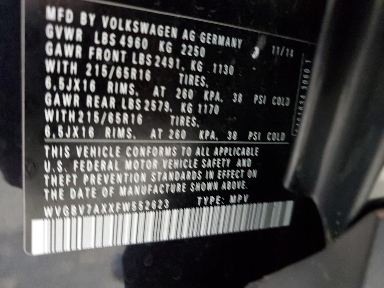 2015 Volkswagen Tiguan S VIN: WVGBV7AXXFW552623 Lot: 80540675