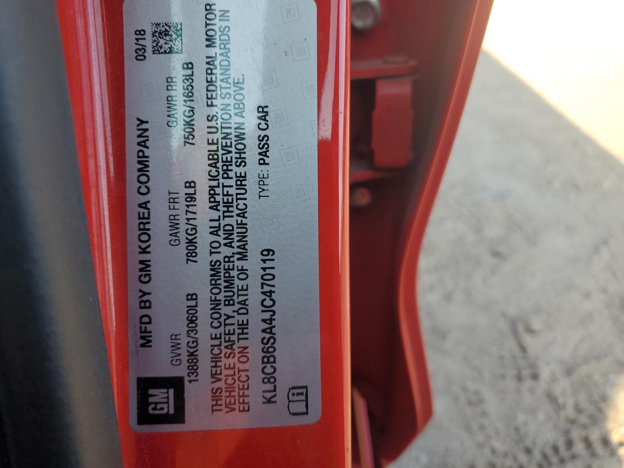 2018 Chevrolet Spark Ls VIN: KL8CB6SA4JC470119 Lot: 71074025