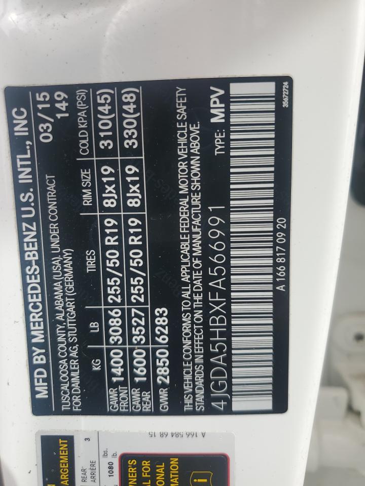 2015 Mercedes-Benz Ml 350 4Matic VIN: 4JGDA5HBXFA566991 Lot: 84424795