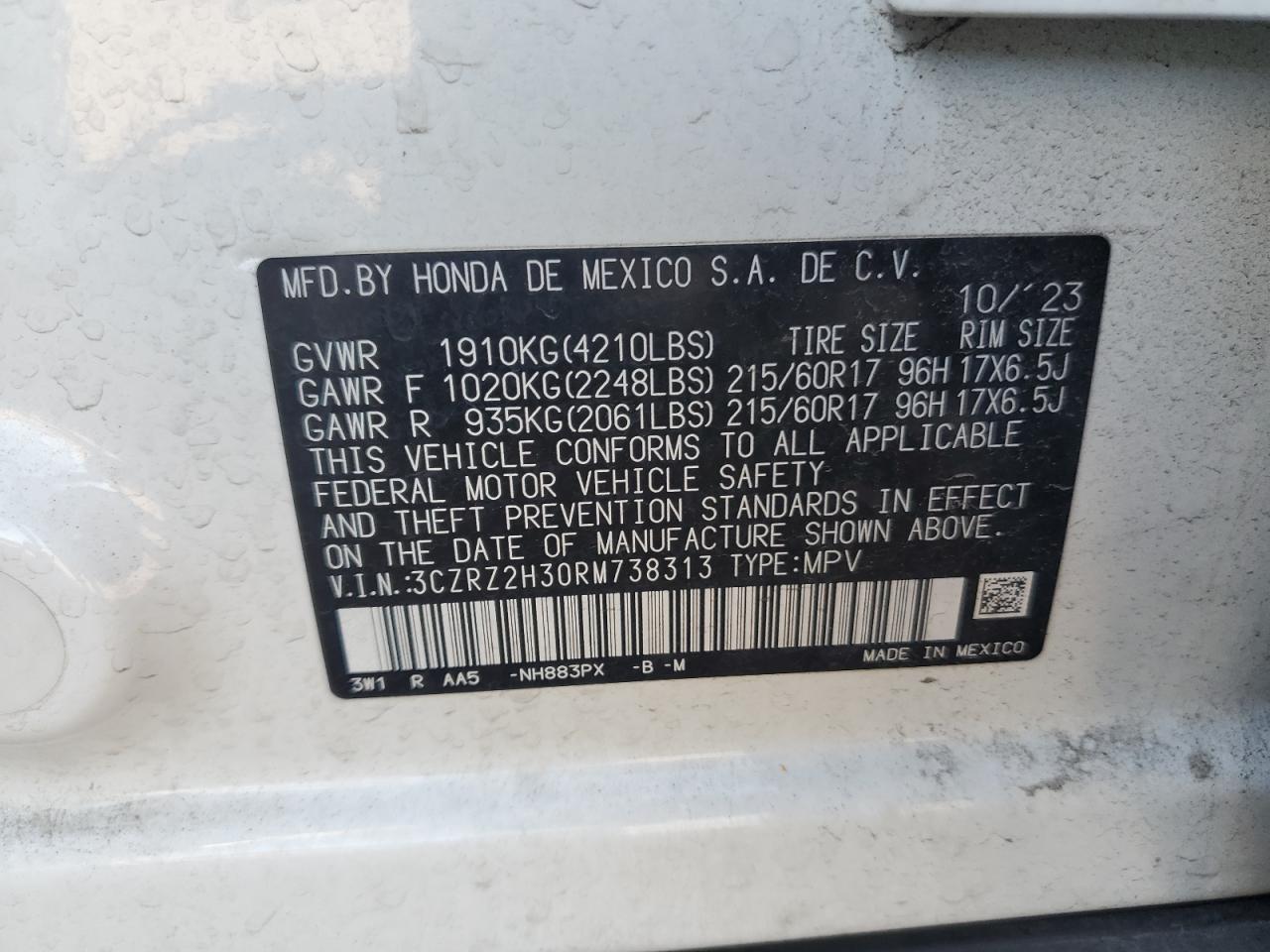 2024 Honda Hr-V Lx VIN: 3CZRZ2H30RM738313 Lot: 81793325