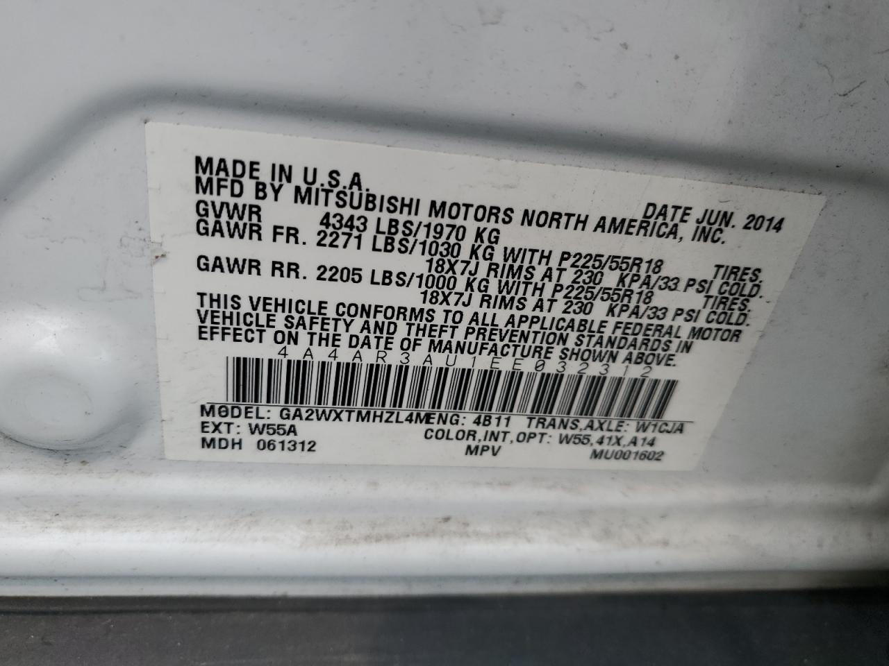 2014 Mitsubishi Outlander Sport Es VIN: 4A4AR3AU1EE032312 Lot: 71547765