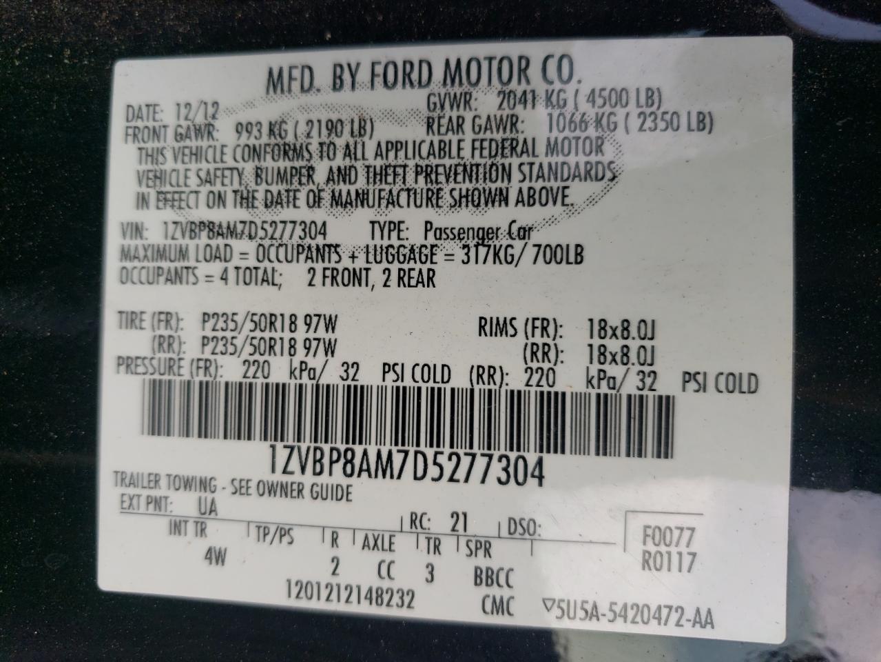 2013 Ford Mustang VIN: 1ZVBP8AM7D5277304 Lot: 83929405