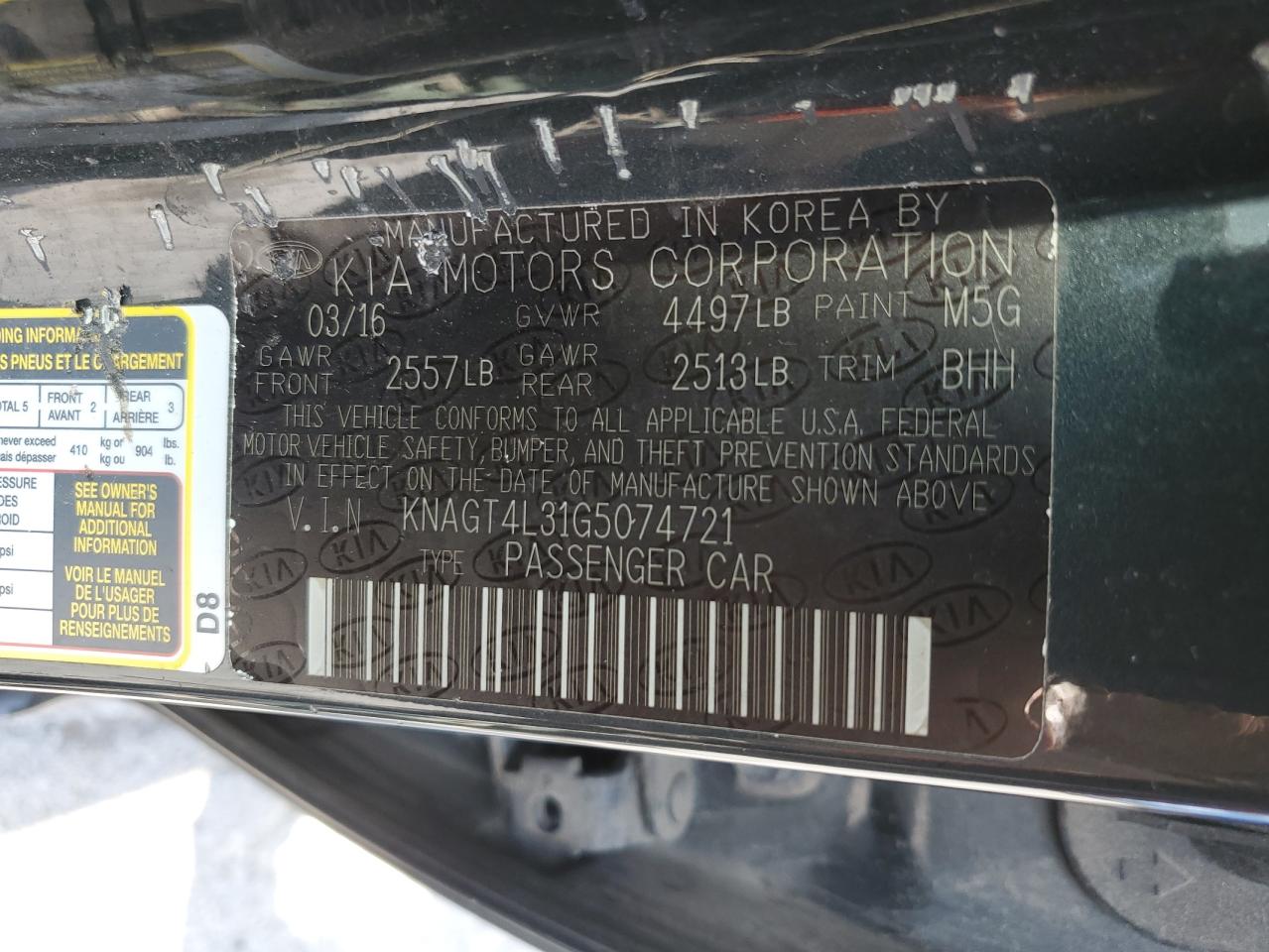 2016 Kia Optima Lx VIN: KNAGT4L31G5074721 Lot: 81686725