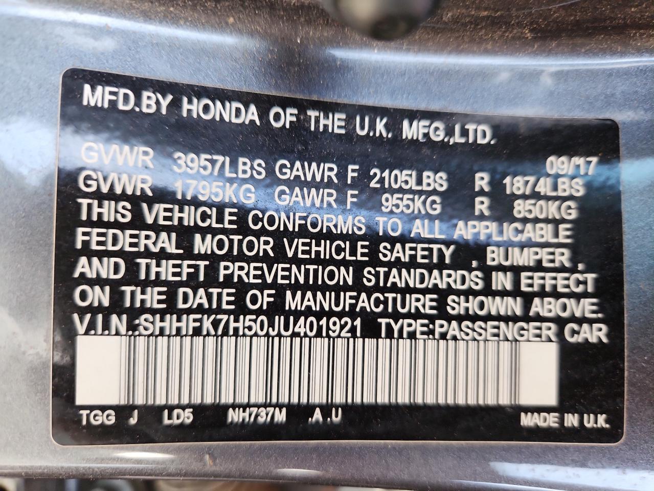 2018 Honda Civic Ex VIN: SHHFK7H50JU401921 Lot: 81892115