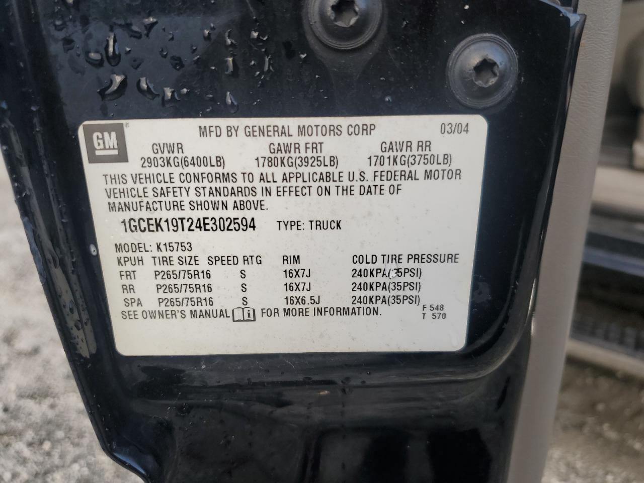 2004 Chevrolet Silverado K1500 VIN: 1GCEK19T24E302594 Lot: 71558965