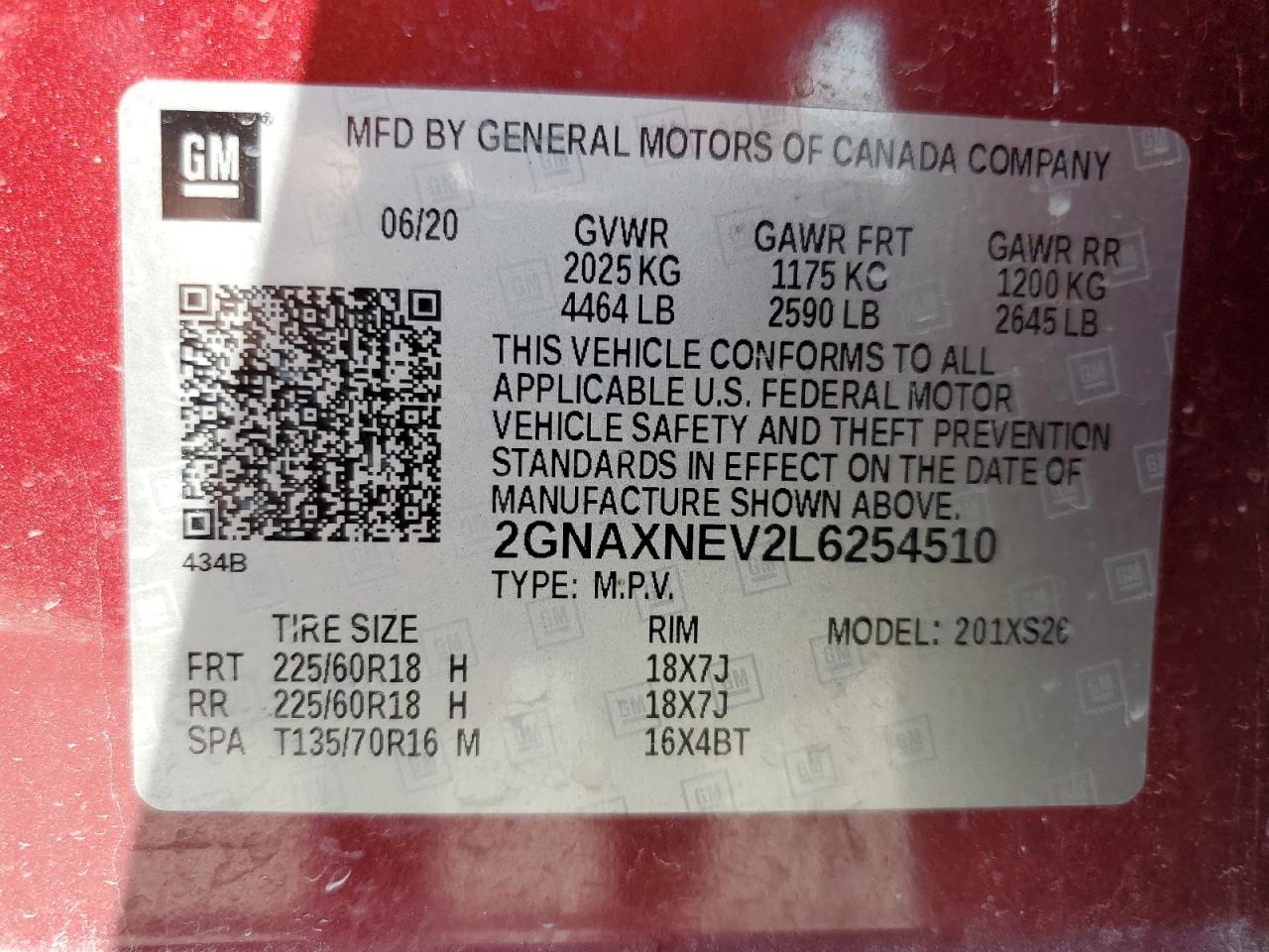 2020 Chevrolet Equinox Premier VIN: 2GNAXNEV2L6254510 Lot: 84361685