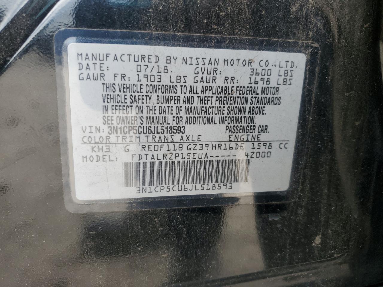2018 Nissan Kicks S VIN: 3N1CP5CU6JL518593 Lot: 71270895