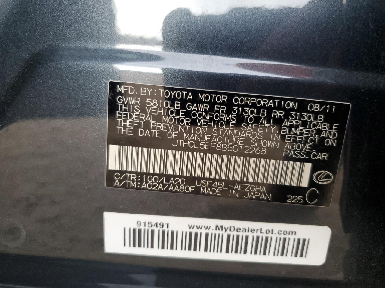 2011 Lexus Ls 460 VIN: JTHCL5EF8B5012268 Lot: 80125135