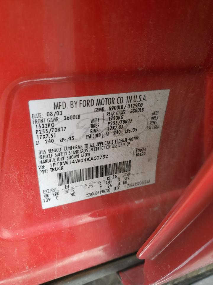 2004 Ford F150 Supercrew VIN: 1FTRW14W04KA52782 Lot: 81159095