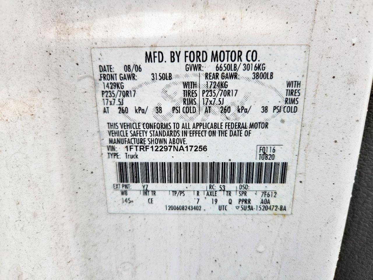 2007 Ford F150 VIN: 1FTRF12297NA17256 Lot: 82148085