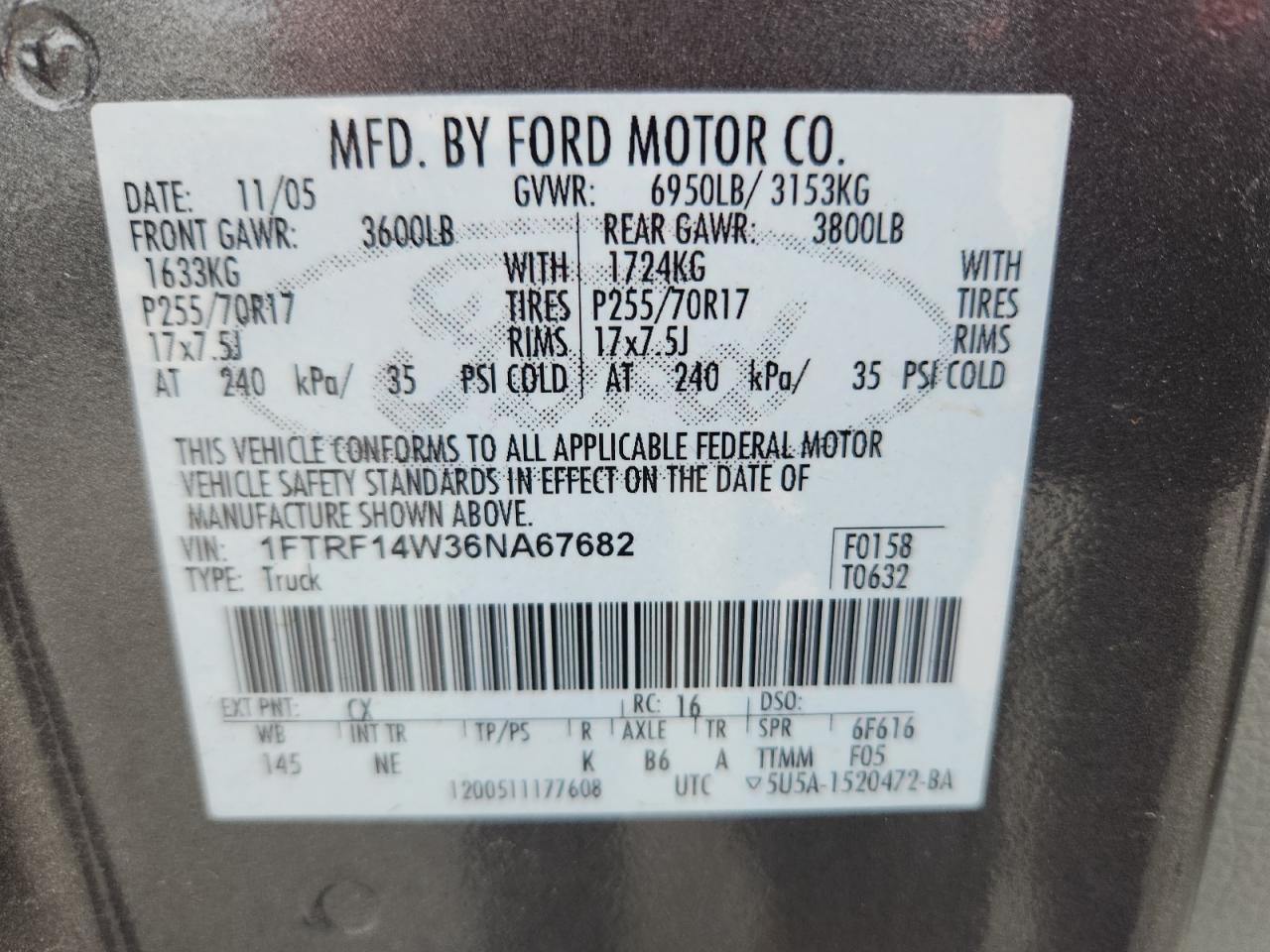 2006 Ford F150 VIN: 1FTRF14W36NA67682 Lot: 84170175