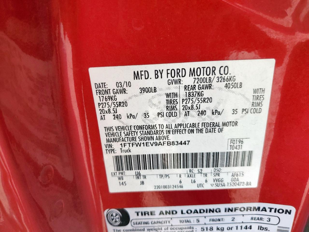 2010 Ford F150 Supercrew VIN: 1FTFW1EV9AFB83447 Lot: 81207015